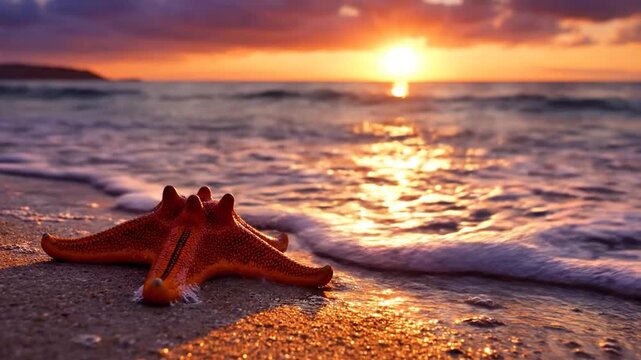 A vibrant orange starfish rests on the wet sand at golden sunset