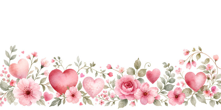 Watercolor horizontal heart border for Valentines Day