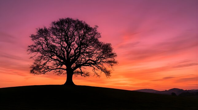 Lonely oak tree silhouette standing on a hill during a vibrant sunset