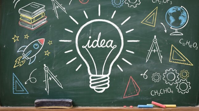 Hand drawn light bulb idea icon with school subject doodles like books rocket and math tools on a dark black chalkboard background representing creative learning and education