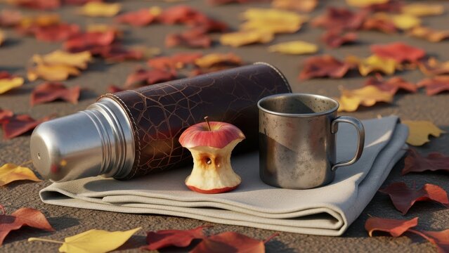 Autumn picnic setting with apple core, thermos and mug surrounded by fallen leaves