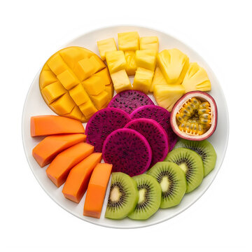 Assorted tropical fruits platter mango pineapple dragon fruit kiwi and papaya