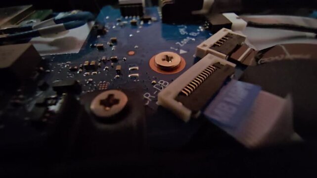 Close-up of laptop motherboard showing ribbon cable connectors and a fastener near an M2.0 label.