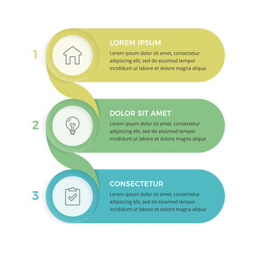 Infographic template featuring three rounded banners connected by a twisting ribbon in a vertical layout, suitable for business presentation or workflow planning