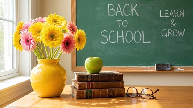 Colorful gerbera daisy flowers in a yellow vase with books and a green apple on a wooden desk in front of a chalkboard with back to school written in chalk in a bright classroom