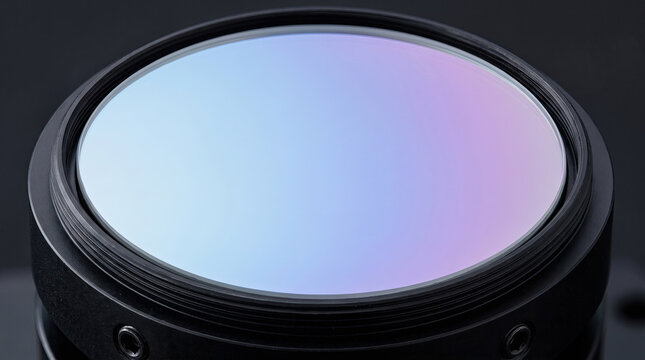 Macro shot of camera lens with colorful reflections