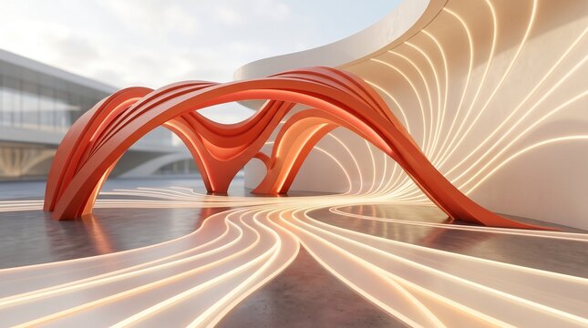 Futuristic Abstract Architectural Structure with Glowing Orange Curves and Light
