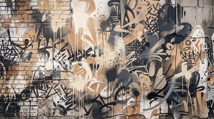 Urban Street Art Graffiti Mural on Brick Wall with Abstract Black and Beige Design