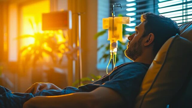 selective focus chemotherapy infusion hospital setting IV drip foreground leukemia blood cell visualization overlay