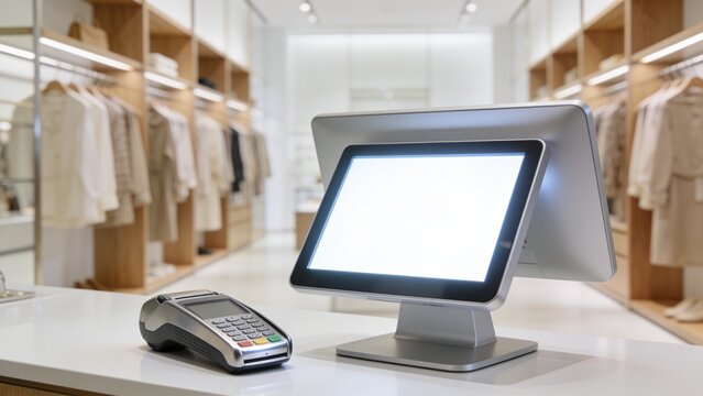 Modern retail checkout counter with POS terminal and clothing display in minimalist store