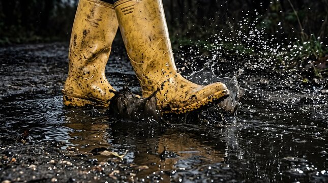 Person wearing yellow rubber boots splashing through a muddy rain puddle