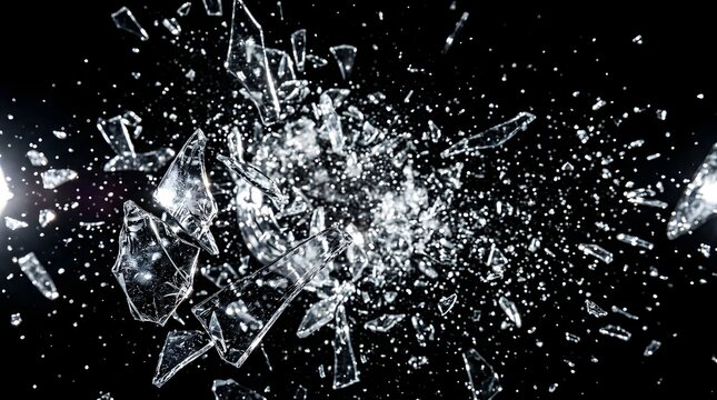 Exploding Shattered Glass Shards on Black Background