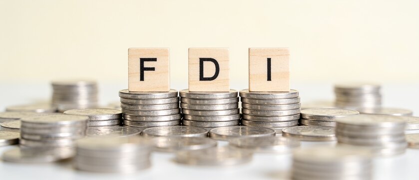 Stacked coins with wooden blocks spelling FDI symbolizing foreign direct investment growth