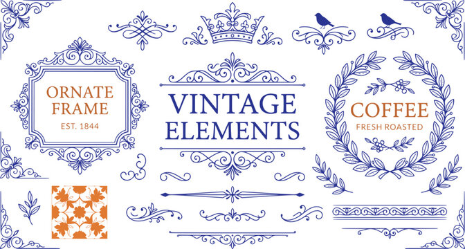 Vintage elements collection in blue and orange, ornate frame and decorative borders, classic filigree dividers and floral wreath vector set