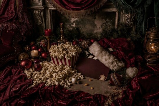 Festive Christmas movie night flat lay with buttery popcorn and a blank clapperboard on a warm taupe surface for holiday entertainment concepts