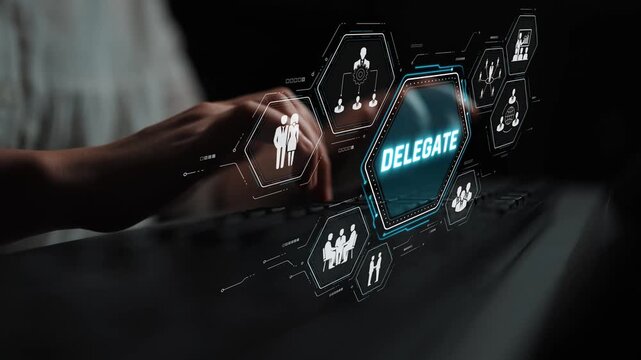 Digital Interface for Task Delegation with Futuristic Hand Gesture and Interactive Technology Elements Representing Team Collaboration Sigmoid