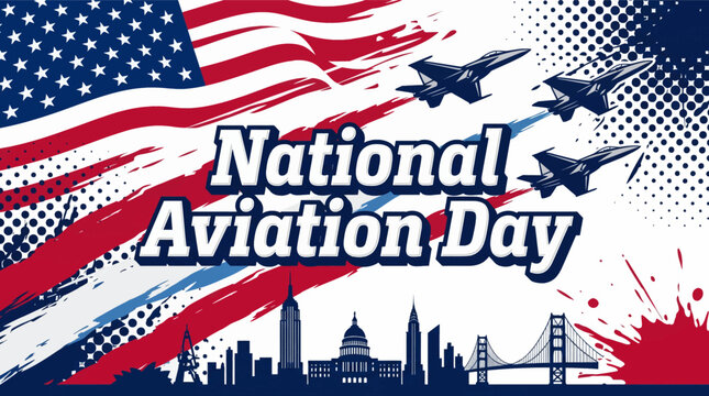 Patriotic celebration with cityscape silhouette against dynamic background _ National  Aviation Day , 19 August