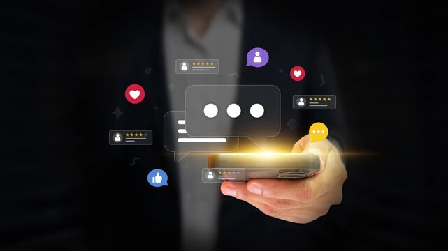 Feedback and User Reviews Concept. Person Writing Feedback and Sharing Service Experience on Smartphone. Online Rating, Testimonial, Social Engagement, Customer Satisfaction and User Comments.4K Video