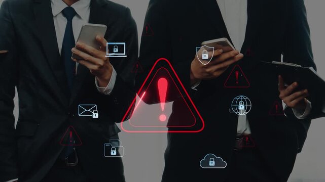 A business team evaluates security risks in a modern workplace, showcasing smartphones and digital warning symbols representing cyber threats and safety precautions. Raster