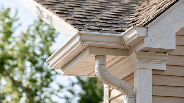 Centered Composition Featuring White Rain Gutter and Downspout Installed along Residential Roof Edge