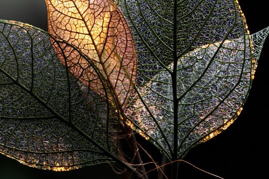 Delicate skeleton leaves with intricate golden veins glowing under soft light for nature-inspired design and organic background textures