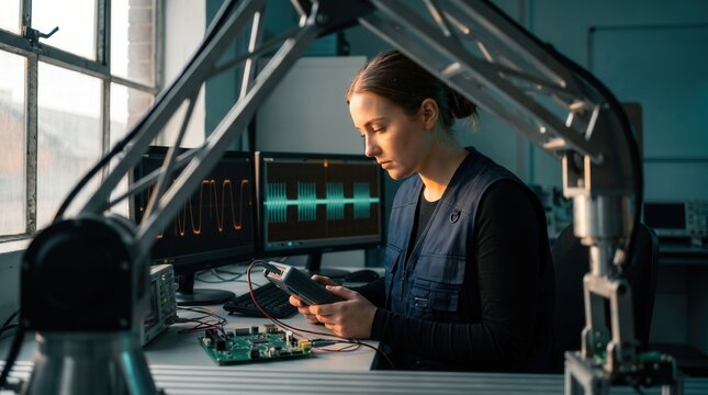 Female electronics engineer testing circuit board in modern laboratory for industrial R&D and hardware technology development