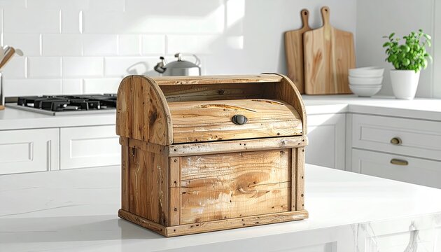 Rustic Wooden Bread Box on White Kitchen Island