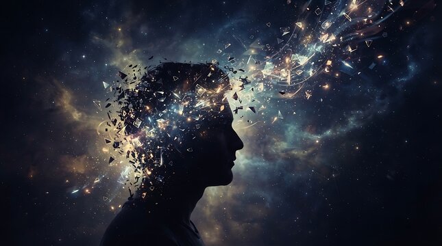 Conceptual illustration of a human head exploding into cosmic stardust and glowing light particles.