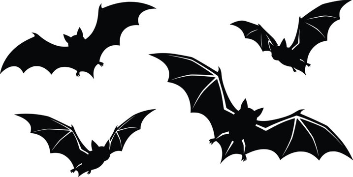 Halloween bat silhouettes set, black flying bats vector icons, spooky nocturnal animal illustrations for gothic party decor and seasonal design