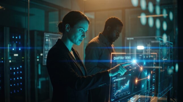 Female IT specialist and male colleague monitoring quarterly trends on holographic interface in server room for AI performance reporting
