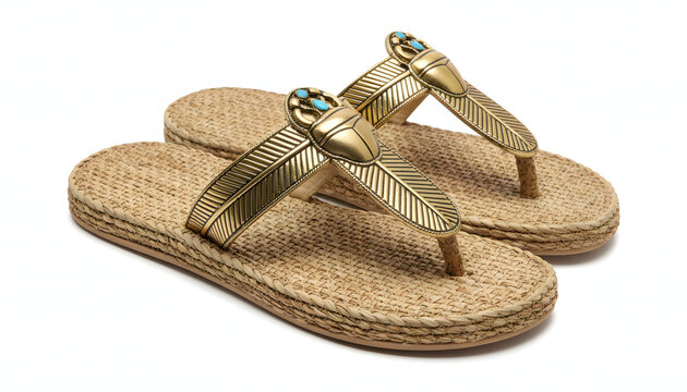 Pair of stylish golden feather embellished sandals with woven straw soles isolated on white.