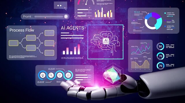 Futuristic Visualization of AI Agents with Data Analytics and Digital Interfaces, Representing Technology Transformation and Innovation in Artificial Intelligence Gluon.