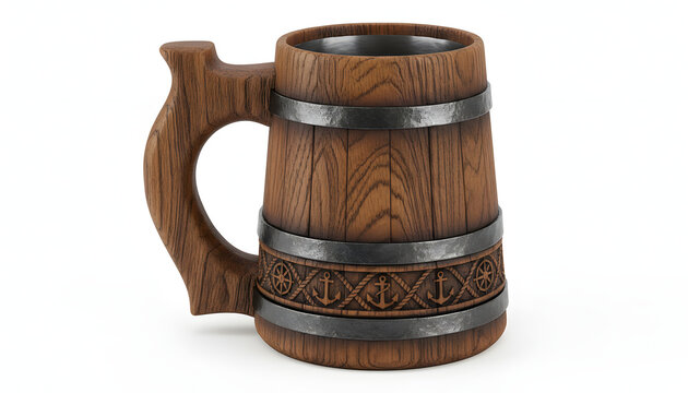 Rustic wooden beer mug with metal rings and decorative carving.
