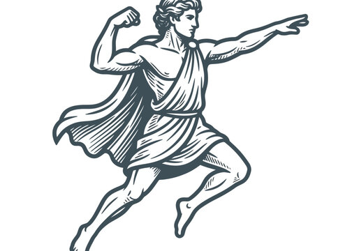 Ancient Greek Athlete Running, Throwing Discus, Classical Art Style