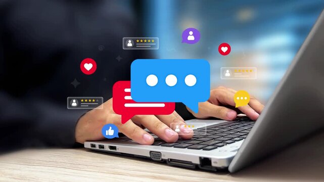 Feedback and User Reviews Concept. Person Writing Feedback and Sharing Service Experience on Laptop. Online Rating, Testimonial, Social Engagement, Customer Satisfaction and User Comments. 4K Video
