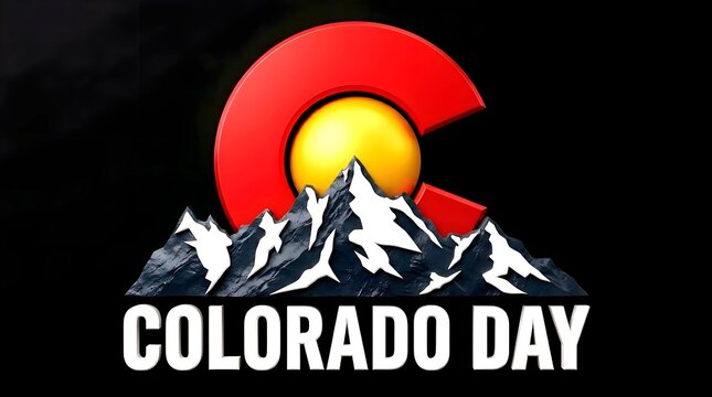 Colorado Day 3D emblem banner featuring the state flag red letter C and golden disc above snowy rocky mountains over a dark black background canvas.