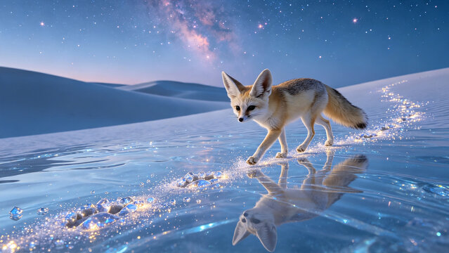 Glass Desert Fox Hyper-realistic fennec fox walking across transparent crystal sand dunes at blue hour, each footprint releasing tiny luminous mineral dust, naturally formed glass ripples reflecting 