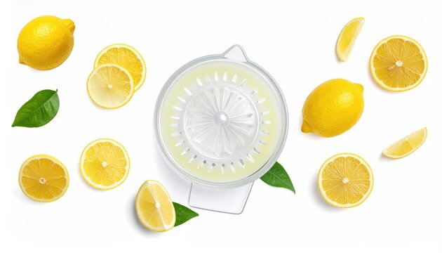 Bright Lemon Squeezer Centered Among Fresh Lemons on White