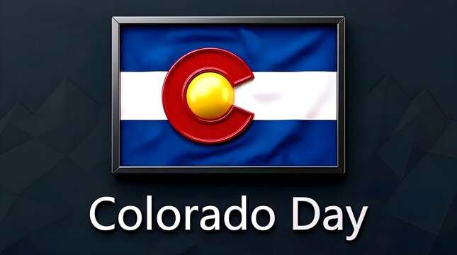 Colorado Day 3D event banner featuring the official waving state flag enclosed in a metallic frame with bold white typography on a dark geometric textured background canvas.