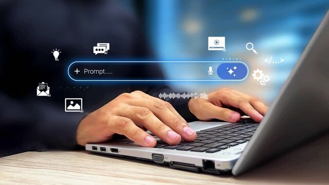 Prompt Engineering, Generative Content Tools. Digital Creator Writing Prompt on Laptop. AI Tools for Image, Video, Text, Voice, Code. Smart Artificial Intelligence Search Engine. 4K Video