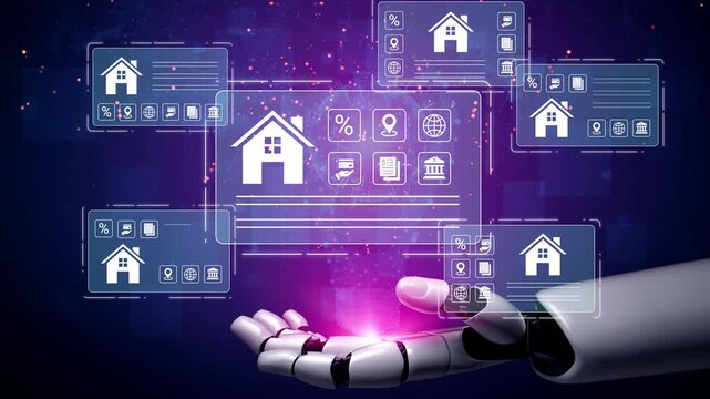 Futuristic Robot Hand Holding Digital Home Icons and Data Visualizations Representing Smart Technology and Real Estate Innovations Gluon.