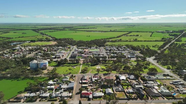 Bute, South Australia &ndash; 4K aerial drone view of rural township, Yorke Peninsula farmland, agricultural landscape, residential houses, grain silos, country roads, Australian countryside.