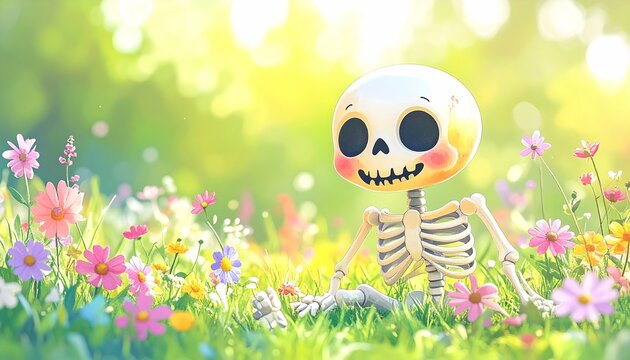 Playful Skeleton Among Vibrant Flowers
