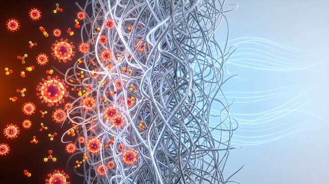 Virus particles being blocked by a high efficiency filter fiber mesh. Scientific visualization of air purification and protection against pathogen, bacteria, and infection disease transmission.