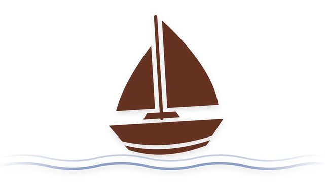 Minimalist Brown Sailboat Icon with Simple Shape and White Sails, Floating on Curved Blue Waves, Symbol of Sea Travel, Adventure, Sailing, Vacation and Nautical Theme, Flat Design Illustration