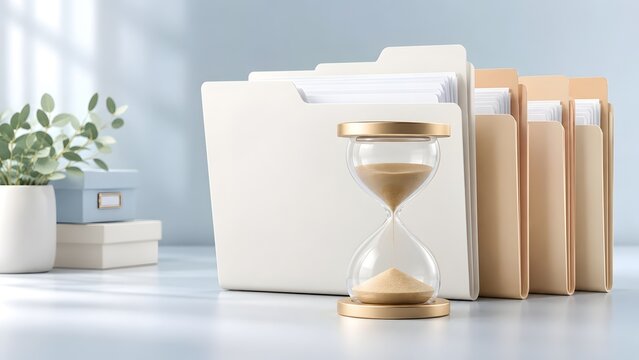 Hourglass standing in front of file folders on office desk representing document management and administrative deadlines