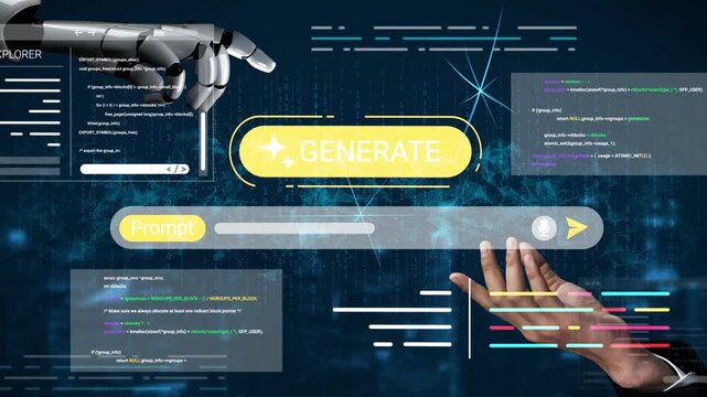 Futuristic Interface with Robot Hand and Dynamic Text Elements Showing a Generate Button for AI Technology and Digital Interaction Gluon.