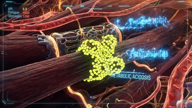 Microscopic view of muscle fatigue and lactic acid buildup.