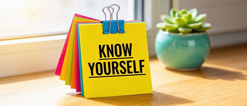 Bright motivational sticky notes with know yourself message on desk with green plant