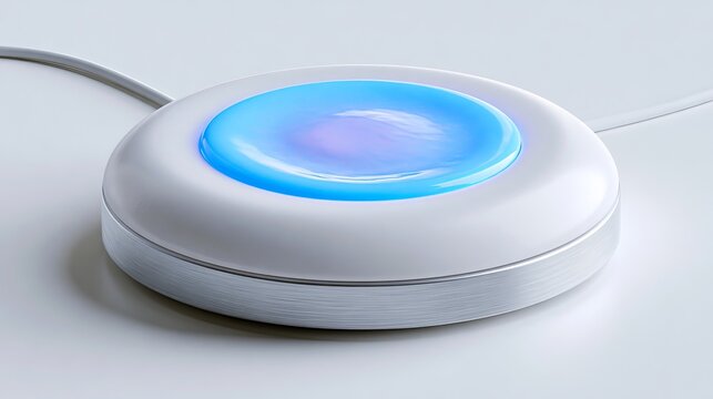 Wireless charging station with ceramic surface, Premium white technology background with glowing blue charging pad.